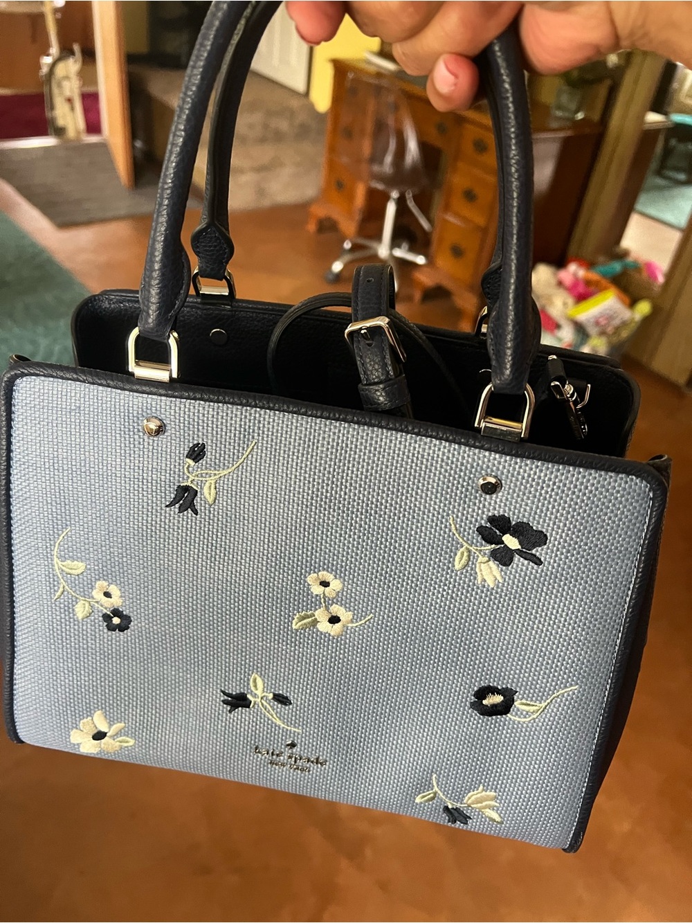 kate spade light blue embroidered floral top-handle satchel